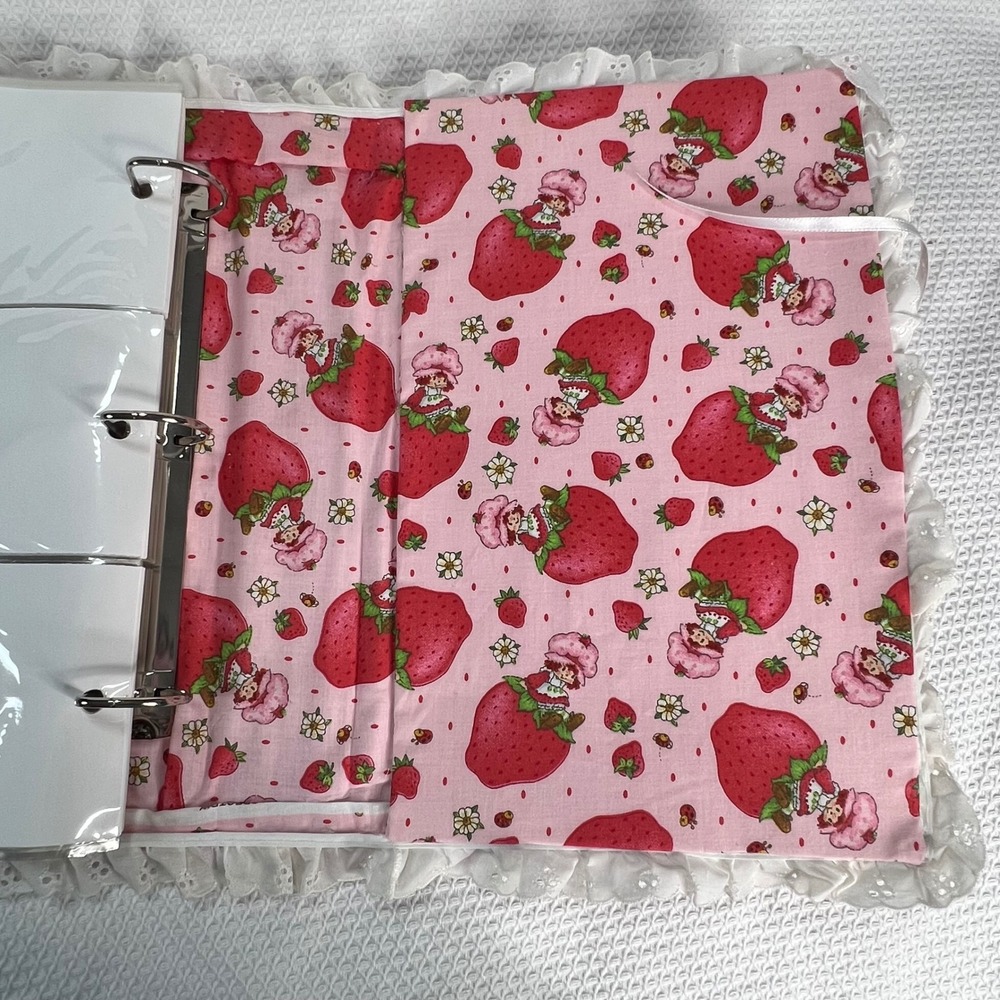 Handmade Strawberry Shortcake Fabric Photo Album 3-Ring Binder Eyelet Lace Pink - Picture 7 of 13